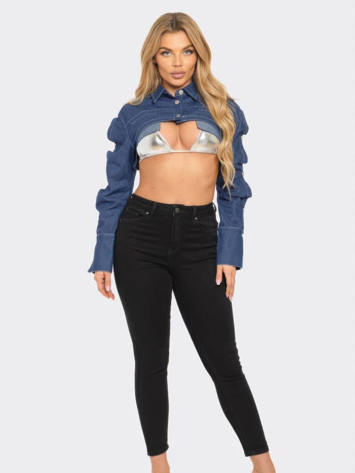 Button Down Denim Bolero for wholesale by CC Wholesale Clothing