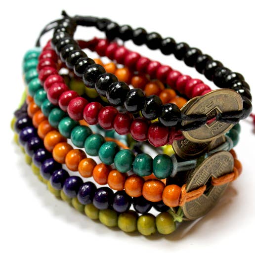 Bali Feng Shui Wood Bead and Coin Bracelets for wholesale by Crystal Cove