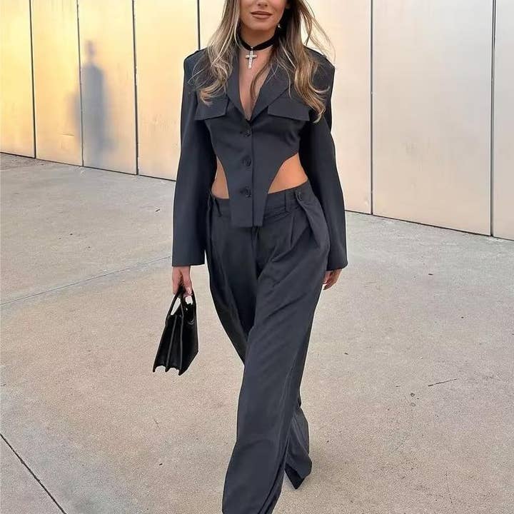 Structured Cutout Suit — Tailored Cropped Blazer & Pleated High-Waist Trousers for wholesale by Serene Couture