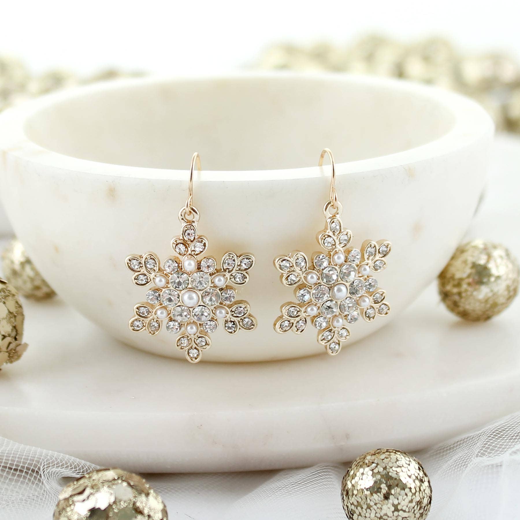 Seasons Jewelry - Wholesale Dangle Earrings - Gold Pearl & Crystal Snowflake Christmas Earrings1