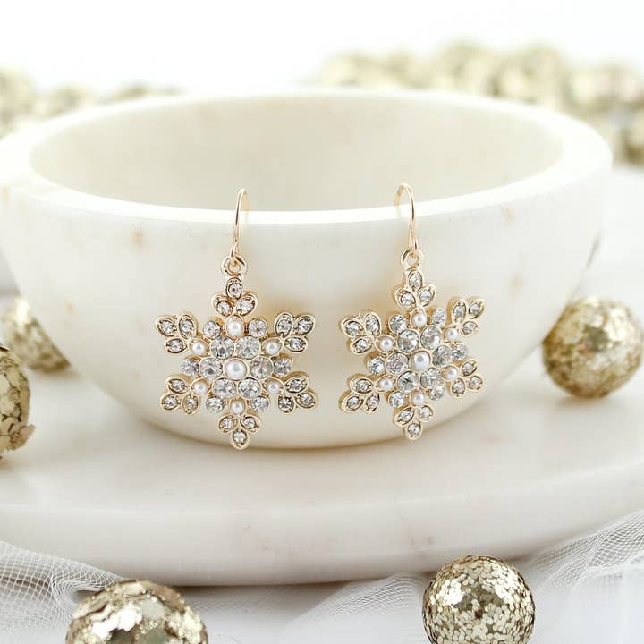 Seasons Jewelry - Wholesale Dangle earrings - Gold Pearl & Crystal Snowflake Christmas Earrings1