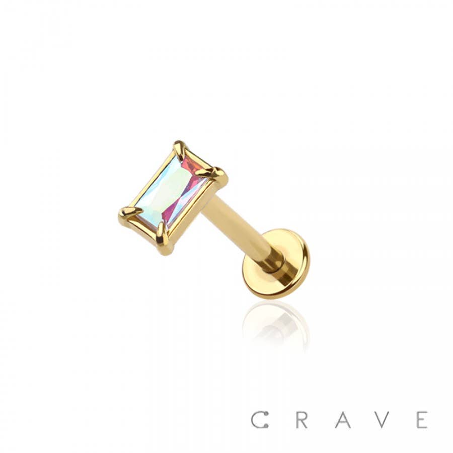 CRAVE - Wholesale Single Earring - PRONG SET BAGUETTE CZ STONE TOP 316L SURGICAL STEEL INTERNAL0