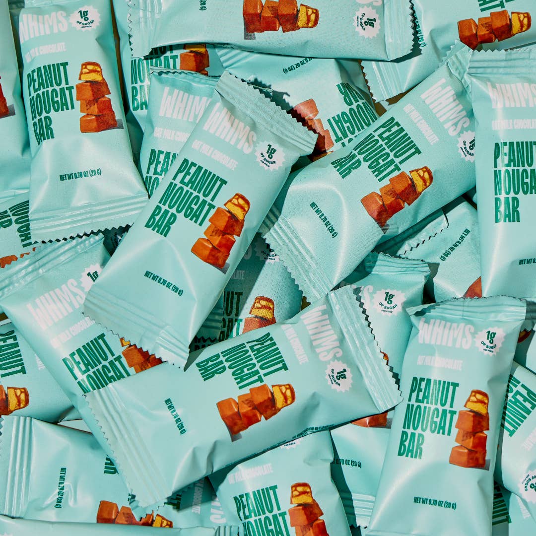 Whims Delights Inc. - Vente Friandises enrobées de chocolat - Barre de nougat aux cacahuètes et chocolat au lait d'avoine - Boîte à emporter1