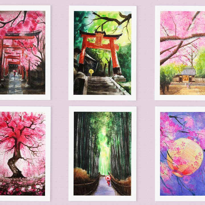 Zoee Xiao Artworks - Vendita all'ingrosso Biglietti di auguri generici - Biglietto d'auguri Japan Art Set di 6 — Biglietto di auguri con fiori di ciliegio di Kyoto