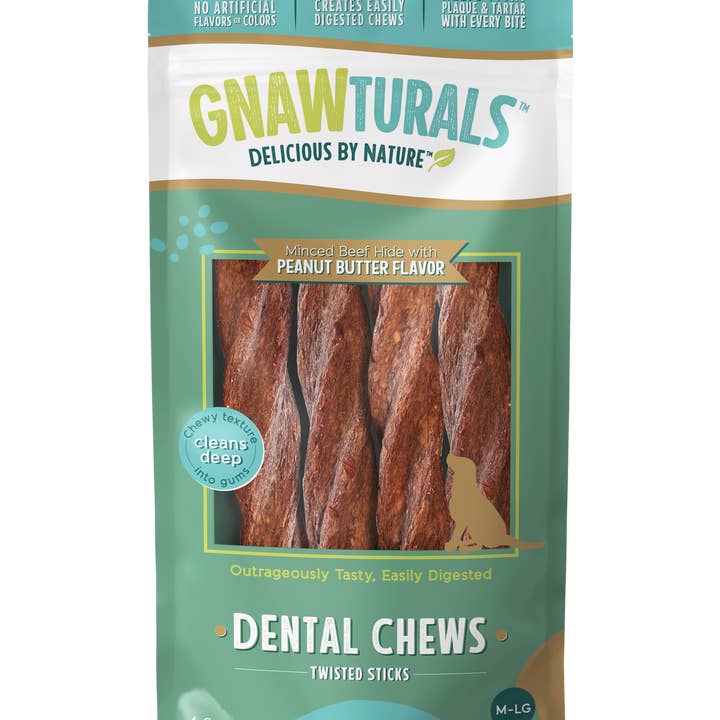 Gnawturals - Wholesale Pet Treats - Dog - Dental Chews Twisted Stick Large - Peanut Butter (4ct)