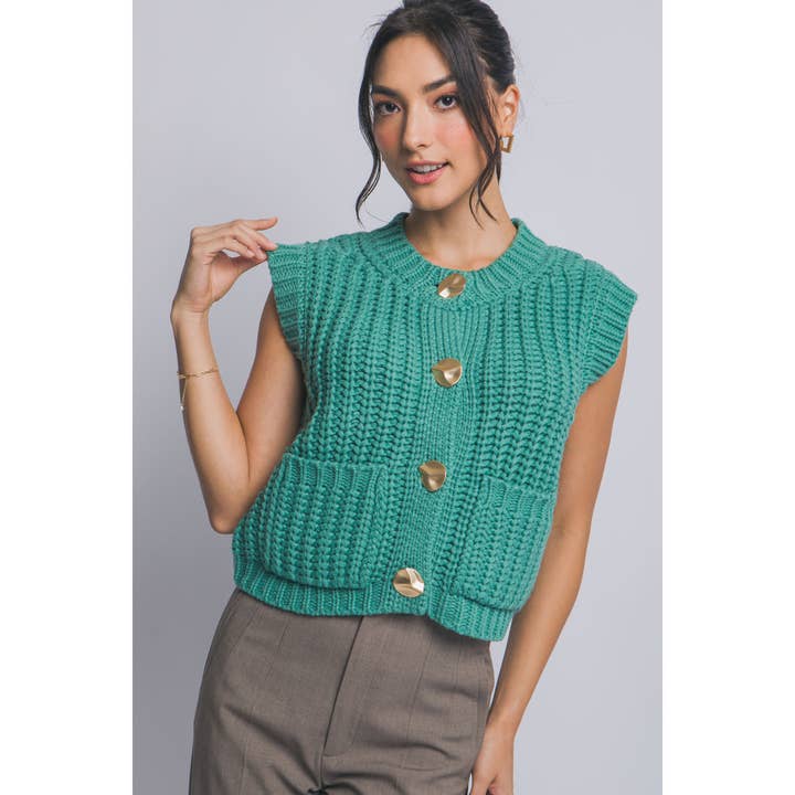 Goldener Knopfdetail Grobstrickweste für den Großhandel von HiteJeans