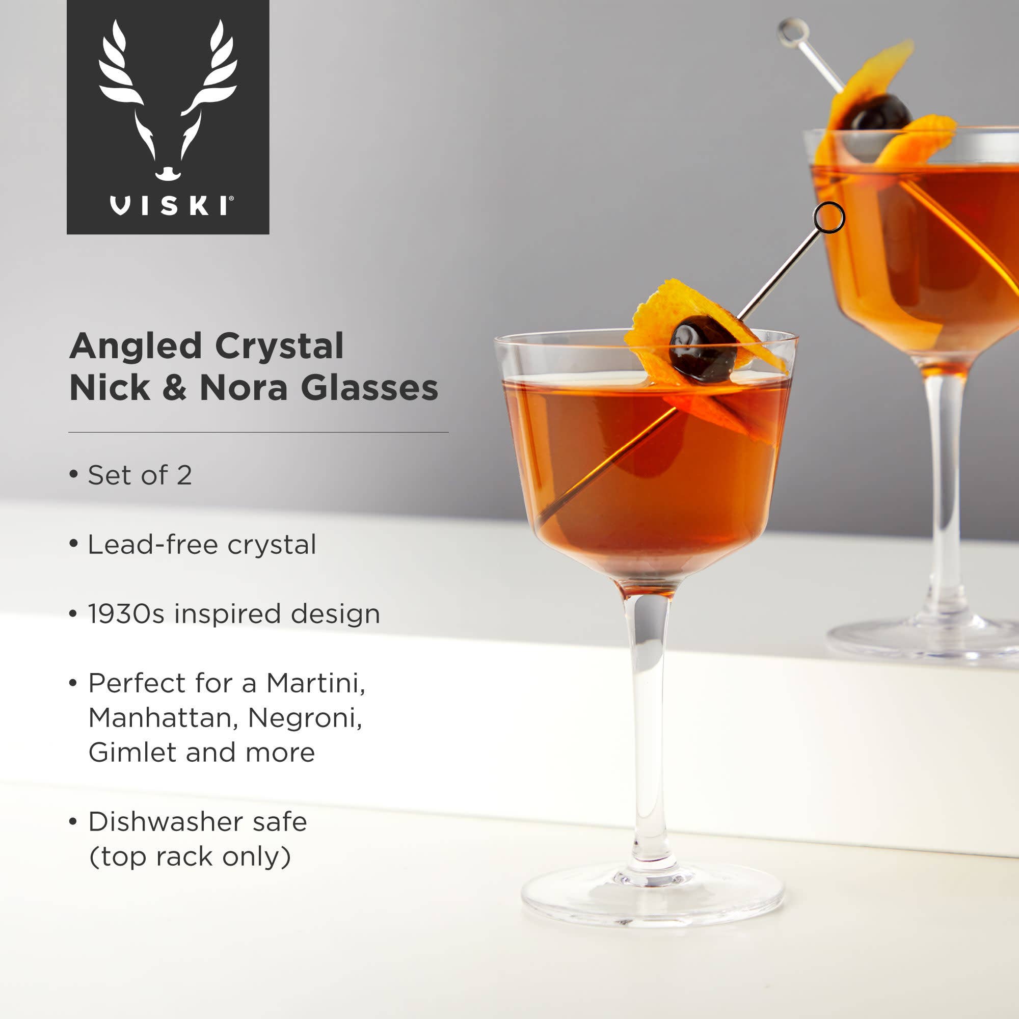Viski - Wholesale Cocktail/Liquor Glass - Raye™ Angled Crystal Nick and Nora Glasses Set of 25