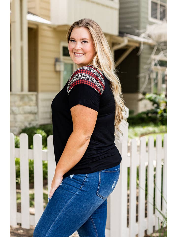 Mix Pattern You Can't Sleeve Me Alone Black Short Sleeves T-Shirt with Leopard and Red Checkers for wholesale on Faire
