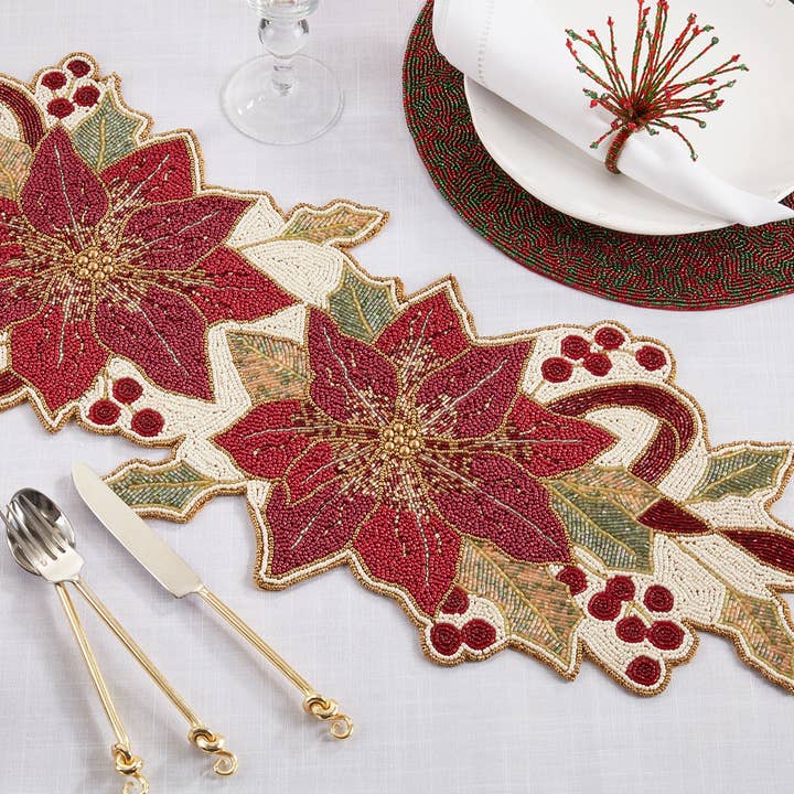 Runner da tavolo rosso verde con perline a forma di stella di Natale, 13 x 36 cm per la vendita all'ingrosso da parte di Fennco Styles