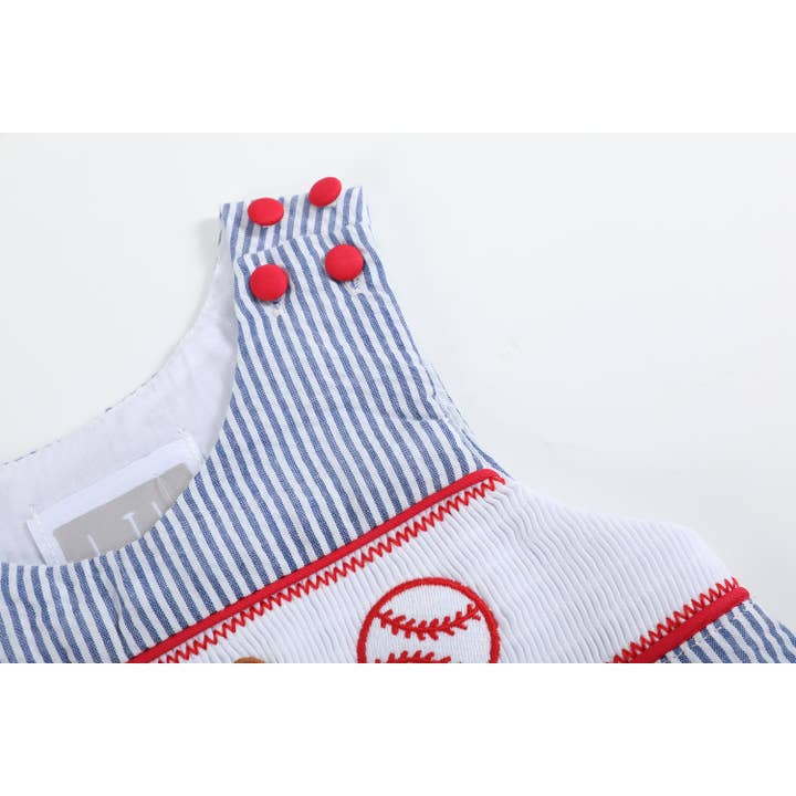 Lil Cactus - Wholesale Overalls - Baby - Blue Seersucker Baseball Smocked Shortalls1