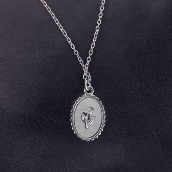 Vintage-Style Silver Tulip Pendant Necklace | Titanium Chain with Mother-of-Pearl Enamel for wholesale by Predictable Art