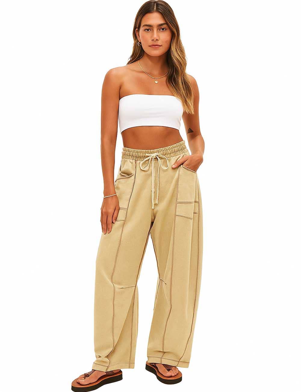 Sweetkama - Wholesale Pants - Women's - Ladies Contrast Stitching Elastic Waist Drawstring Barrel Pants1