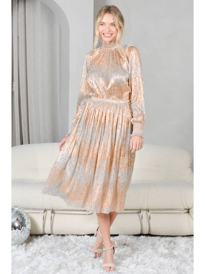 Rose Gold Metallic Pleated Chiffon Sparkly Midi Skirt Elastic Waist for wholesale on Faire