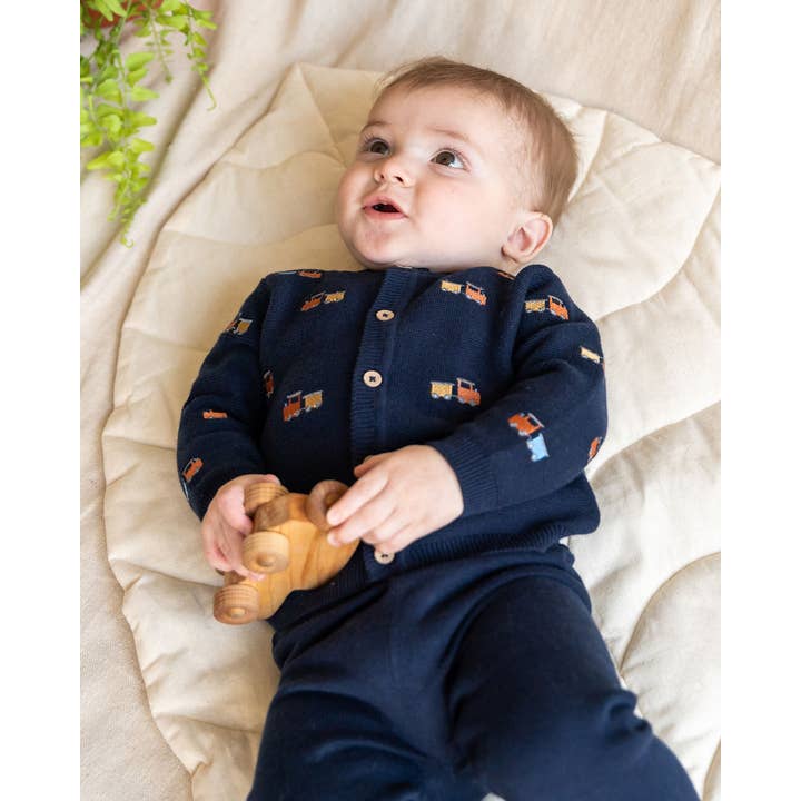 Navy Blue Train Embroidered Button Cardigan Baby Sweater (Organic) for wholesale on Faire