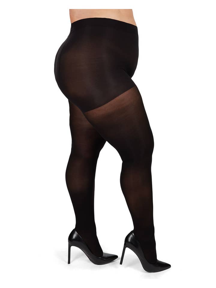 Black MeMoi Microfiber Opaque Plus Size Curvy Control Top Tights for wholesale on Faire