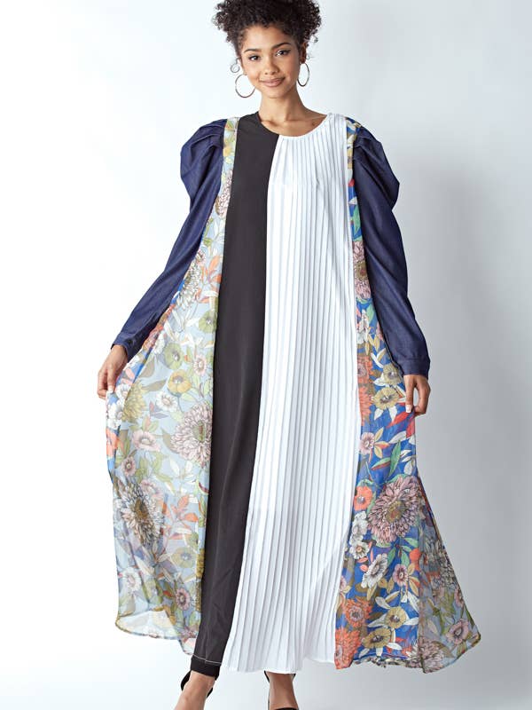 MIXED MATERIAL DRESS WITH PUFFED DENIM SLEEVES for wholesale by QMP Moda