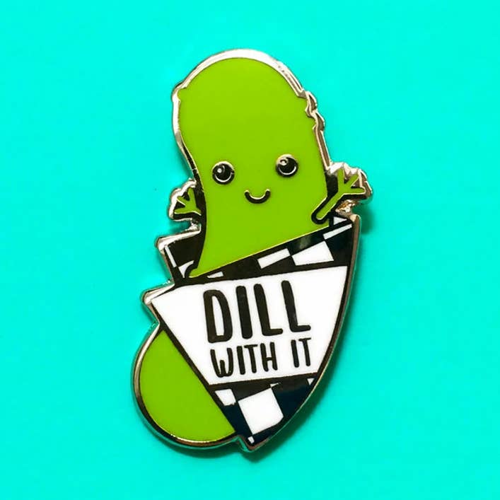 Dill With It Pickle Enamel Pin for wholesale by Tiny Bee Cards
