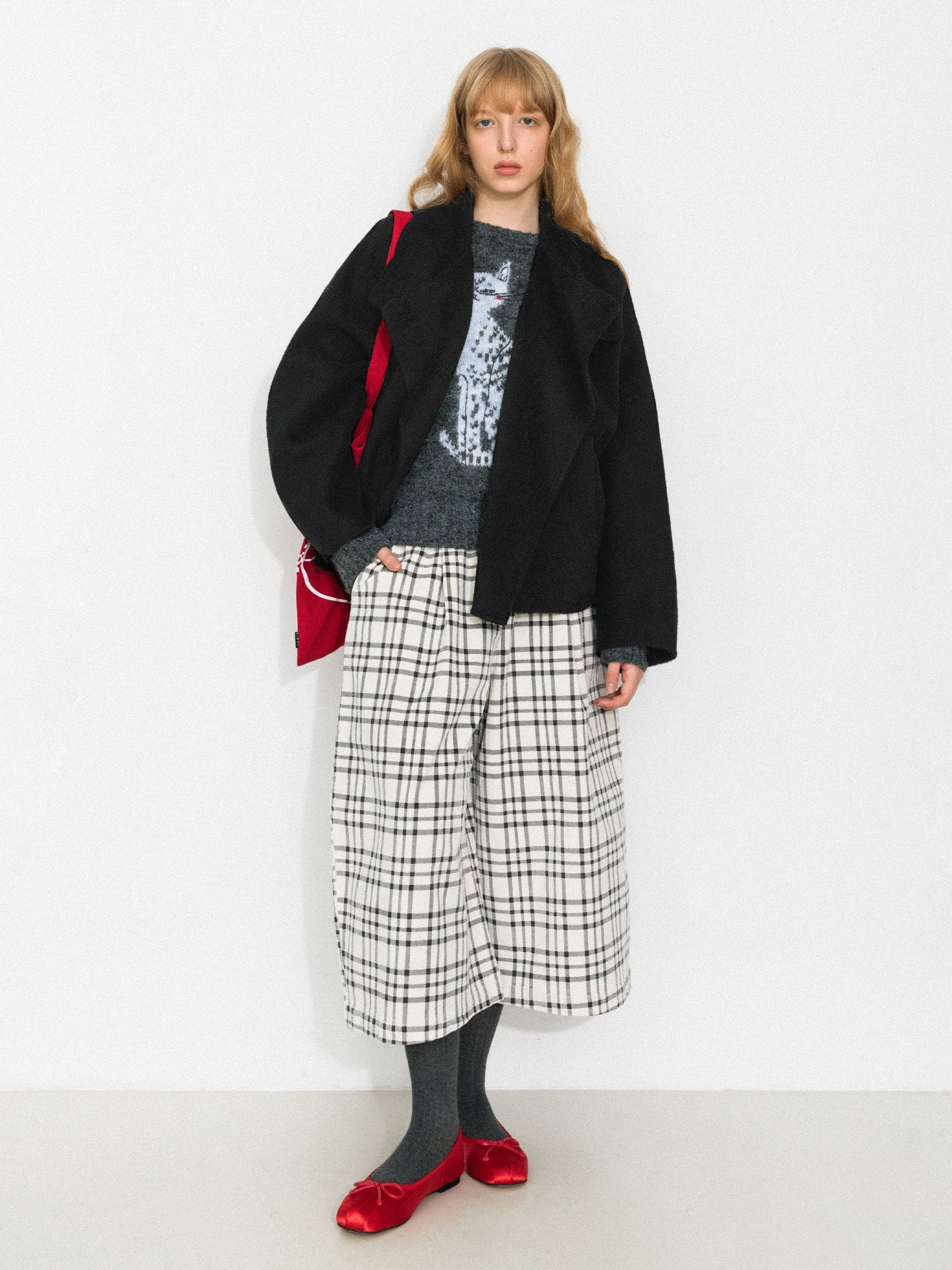 Black 100% Wool Casual Stand-Collar Cropped Jacket for wholesale on Faire9