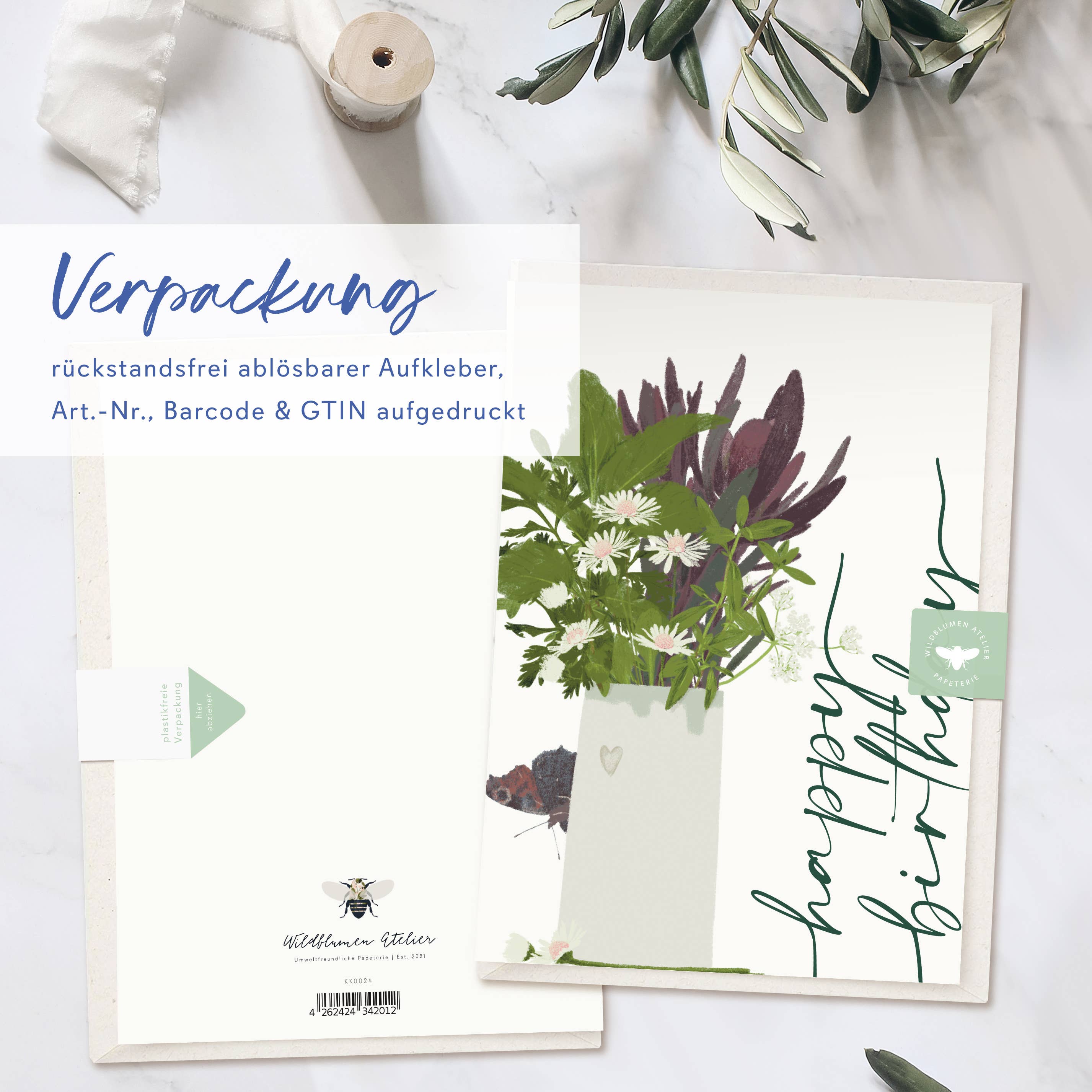Wildblumen Atelier – wholesale Birthday card – Folded card happy birthday vase with flowers, with envelope, FSC3
