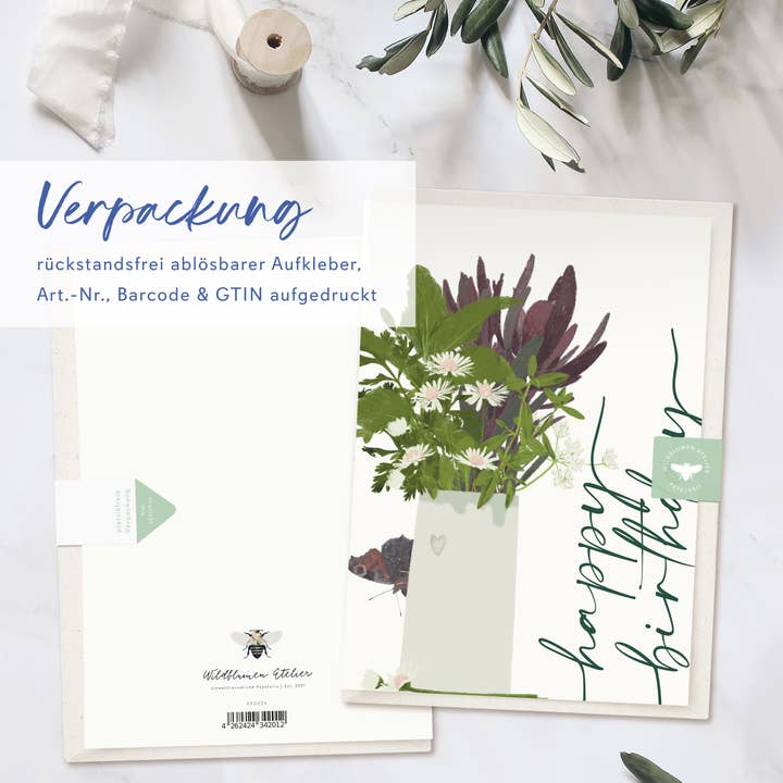 Wildblumen Atelier – wholesale Birthday card – Folded card happy birthday vase with flowers, with envelope, FSC3