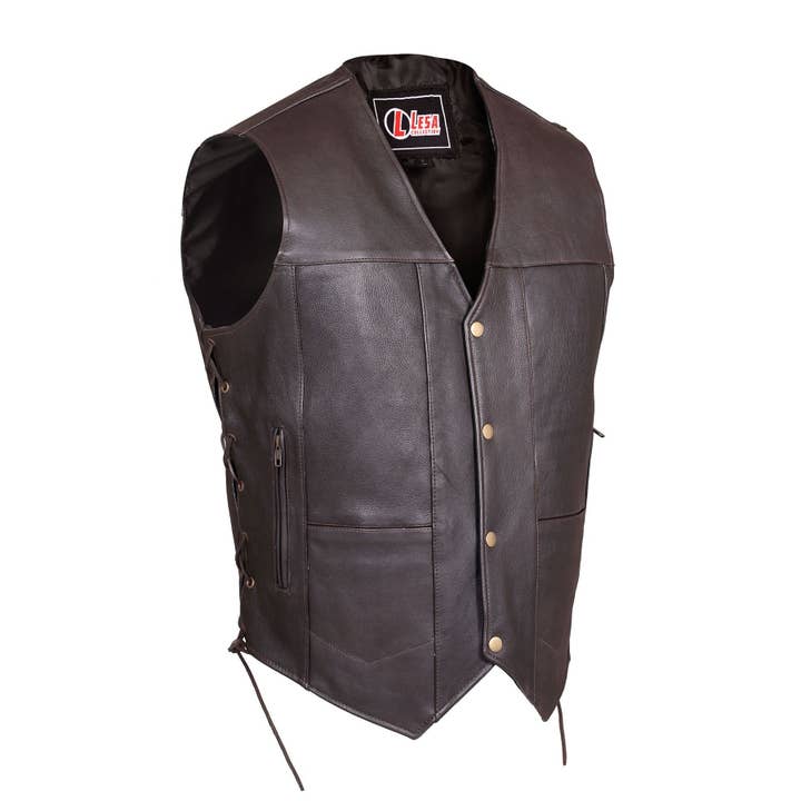 Men's 10 Pocket Pure Leather Biker Waistcoat Black & Brown for wholesale by Lesa collection