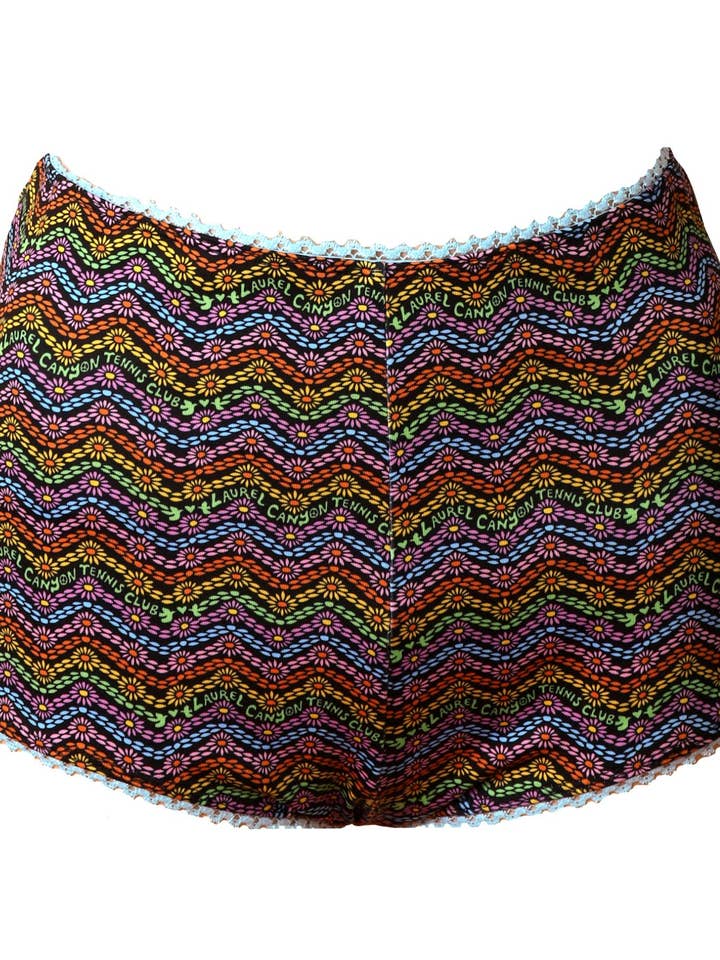 1972 Tennis Bikini Bottoms in Black Rainbow Print for wholesale by Laurel Canyon Tennis Club