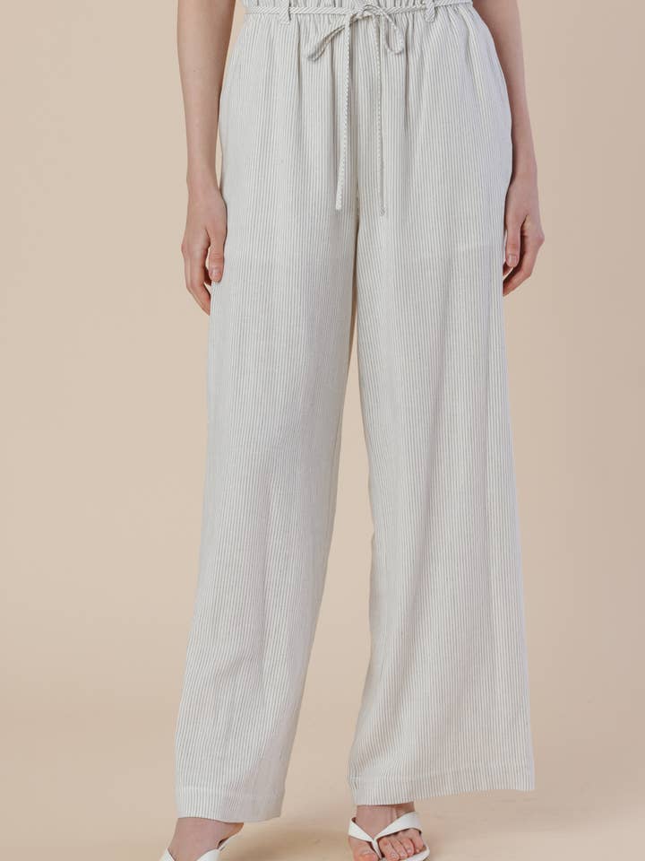 Linen Blend Stripe Drawstring Wide Pants for wholesale by A & SHE