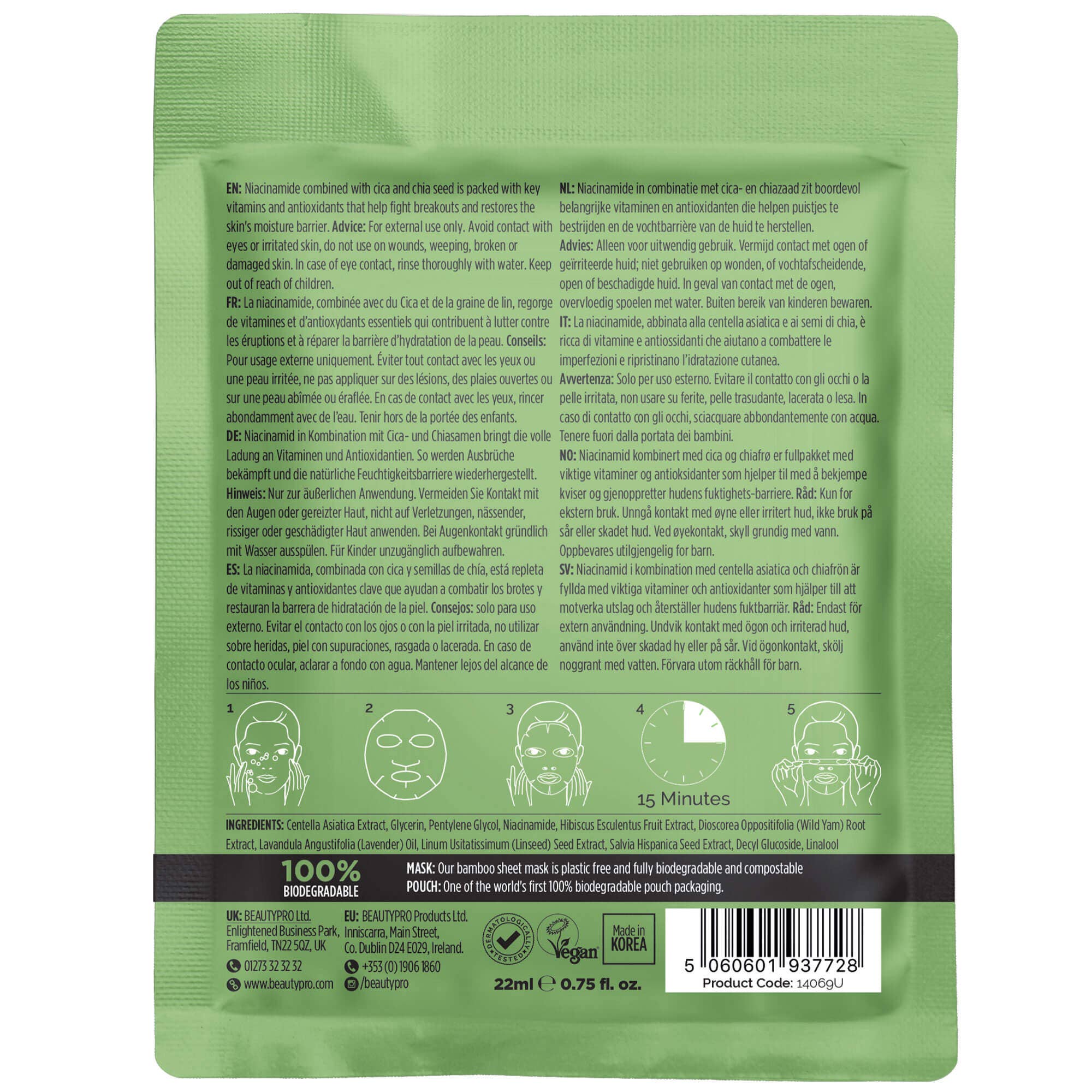 BEAUTYPRO – wholesale Skincare face mask – CICA + NIACINAMIDE Facial Sheet Mask - 100% Biodegradable12