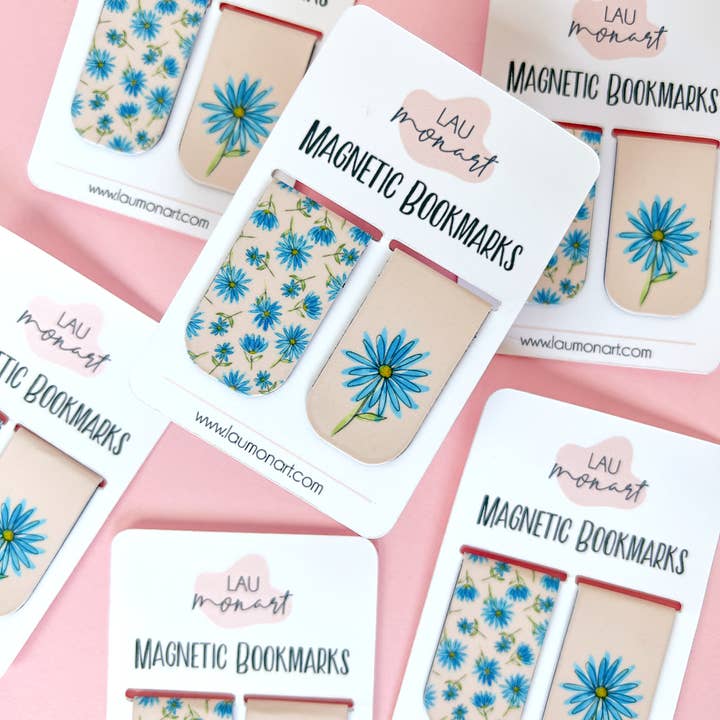 Lau Monart - Wholesale Bookmark - Little Blue Flowers Watercolor Magnetic Bookmarks1