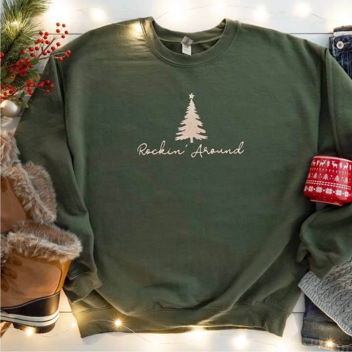 Christmas Rockin Around Embroidered Sweatshirt for wholesale by Above All Designs