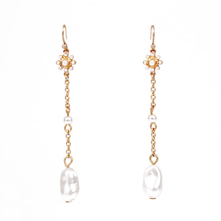 Venice Pearl Drop Earrings Gold/Pearl 2" for wholesale by The Royal Standard