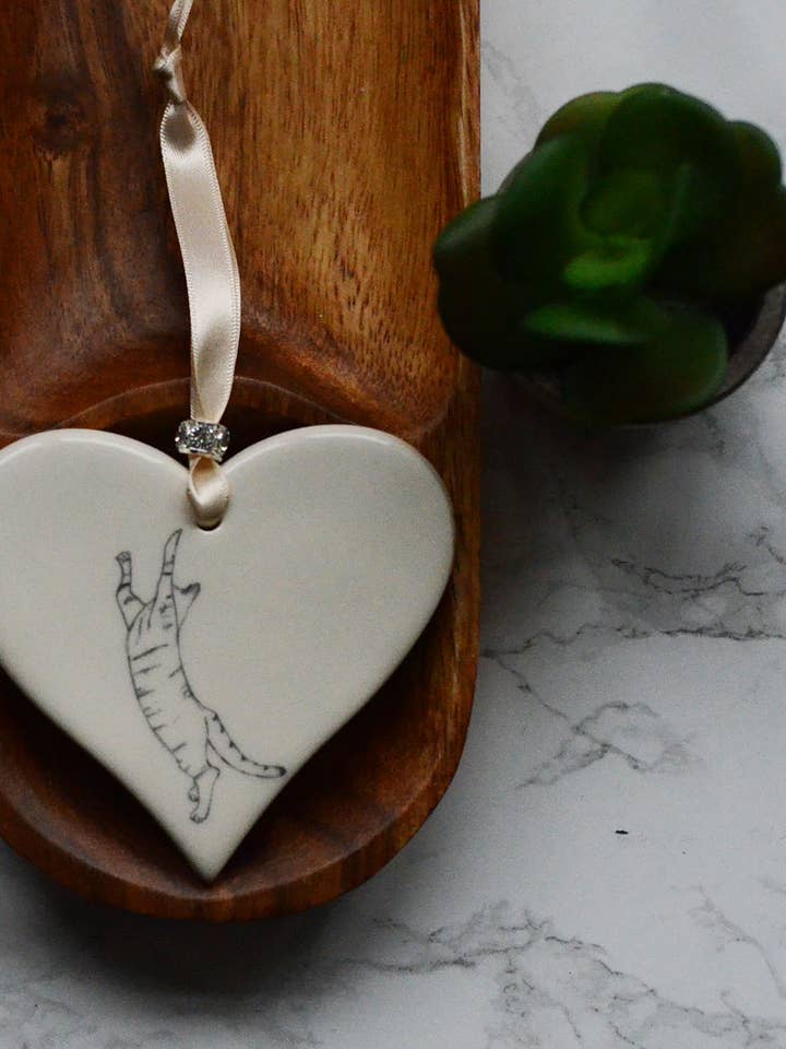 Sketched Cats Ceramic Heart for wholesale by Dimbleby Ceramics