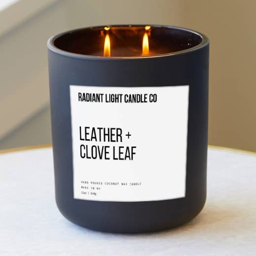 Leather + Clove Leaf 12oz Scented Matte Black Candle for wholesale by Radiant Light Inc