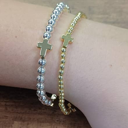 Dainty Cross Accented Gold or Silver Beaded Bracelet for wholesale by Paco Designs