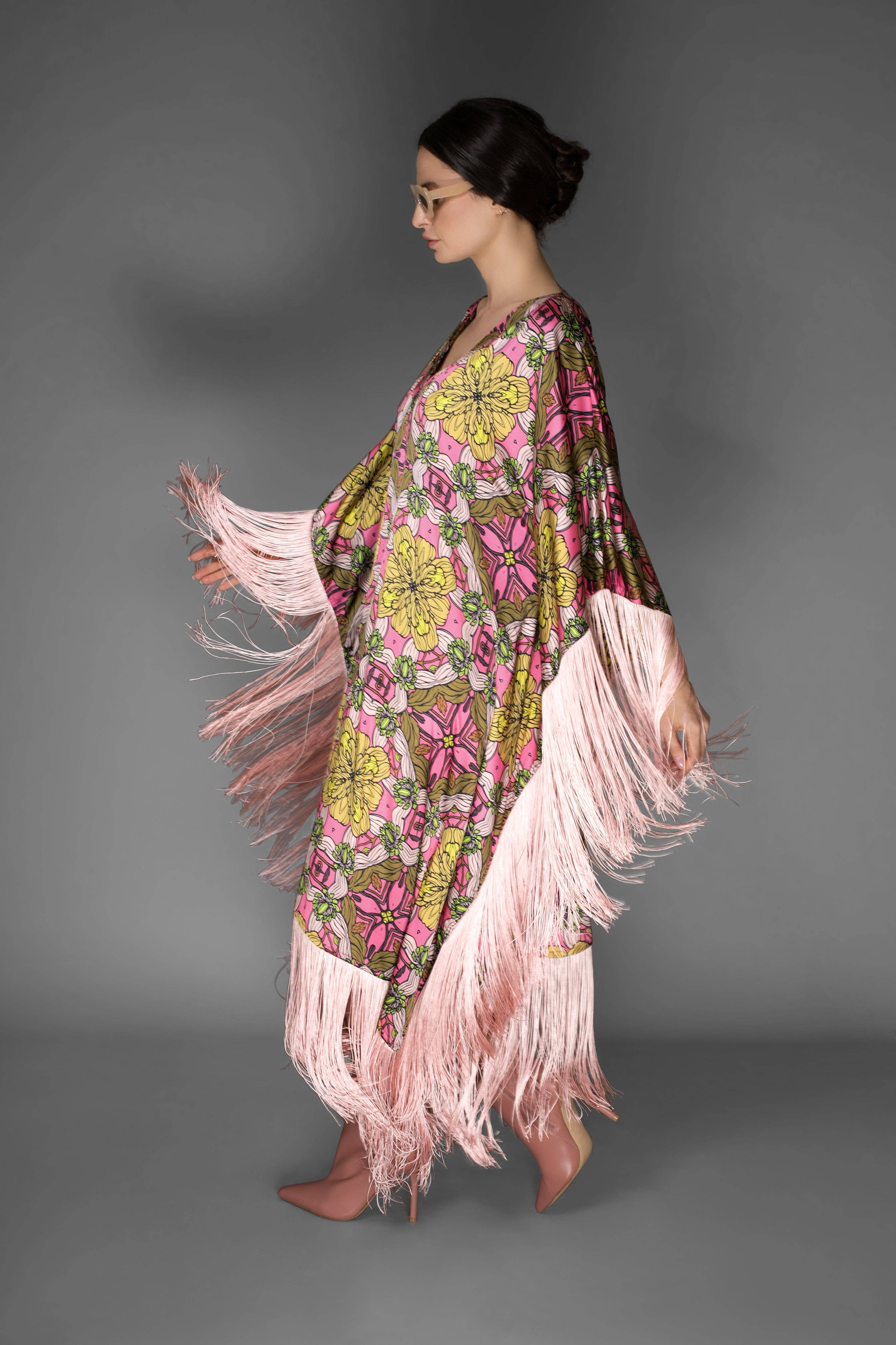 Rose Pink Fringed Satin Long Kaftan Dress for wholesale on Faire0