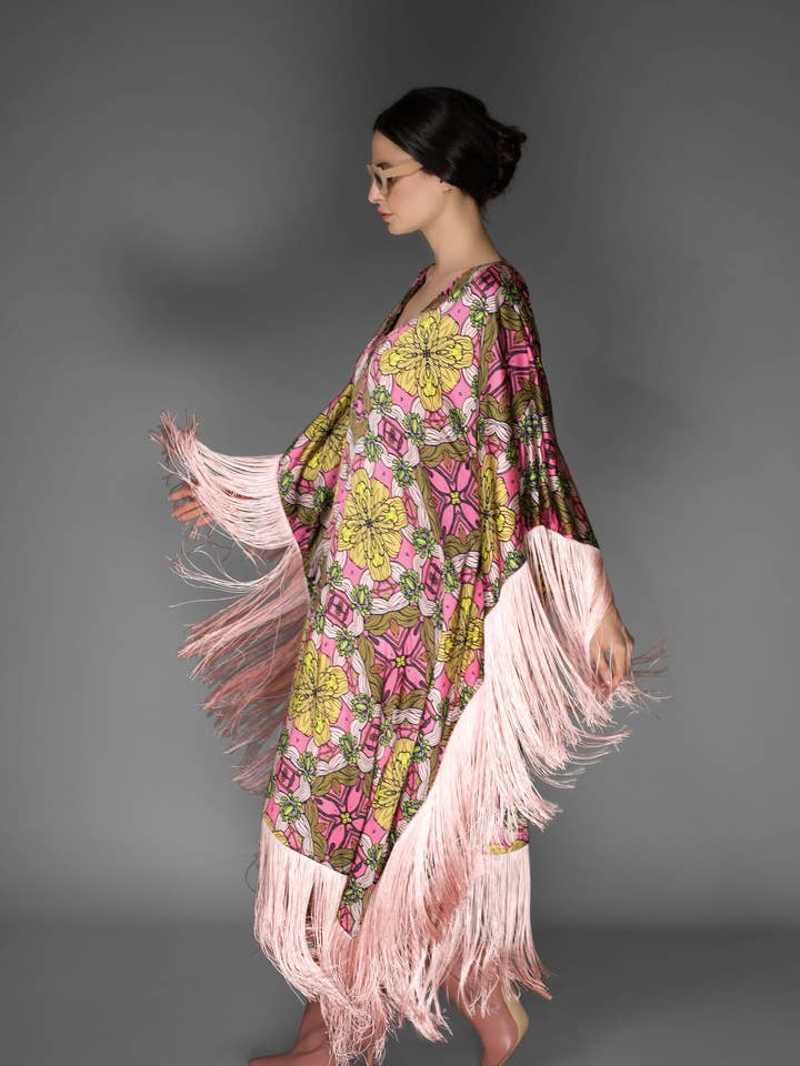 Rose Pink Fringed Satin Long Kaftan Dress for wholesale on Faire0