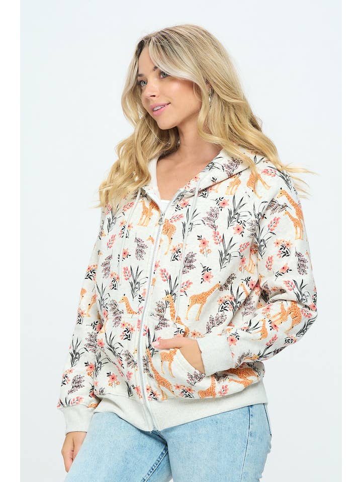 SM WARDROBE – wholesale Hoodie - Dam – GIRAFF BLOMMIG TRYCK ZIP UPP HOODIE