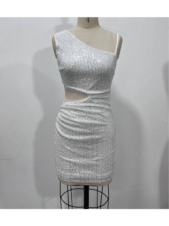 Silvery One shoulder sequins mini party dress for wholesale on Faire