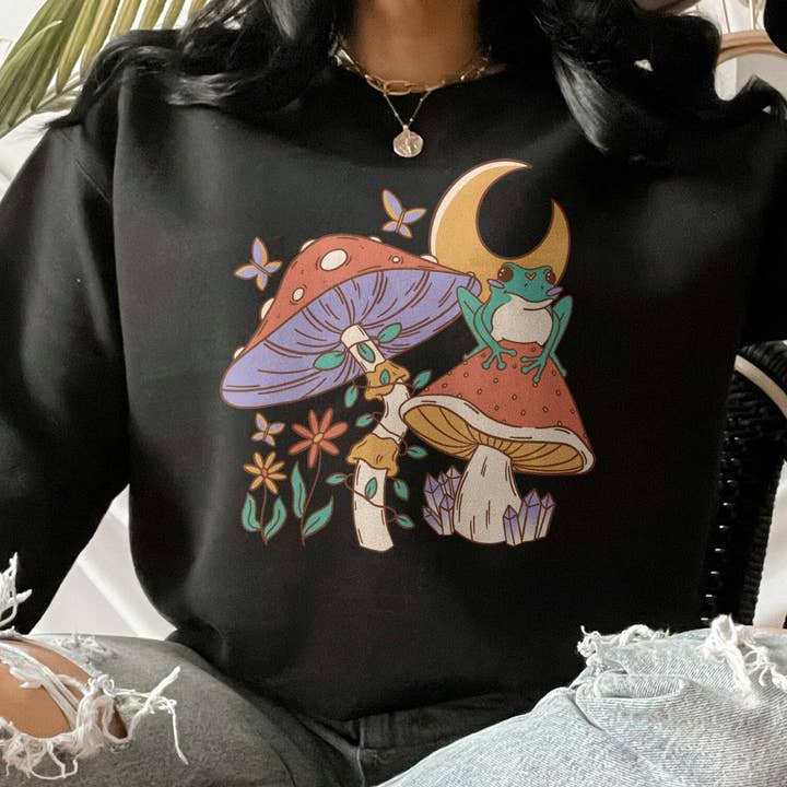 Sudadera con estampado de hongos y ranas bajo la luna para venta al por mayor de PositiveParty