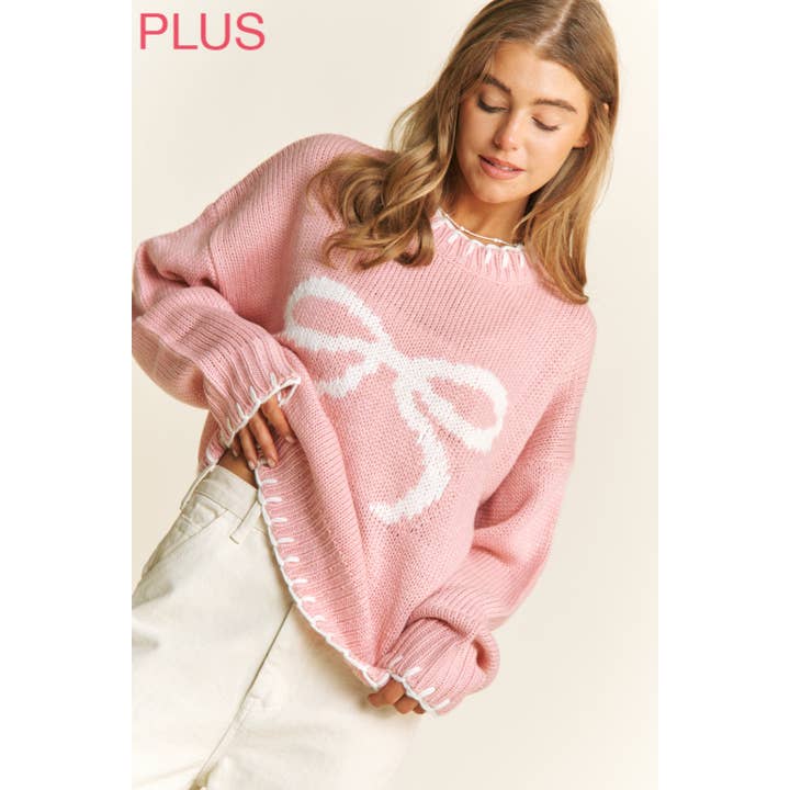 Sweet Generis - Wholesale Knit Sweater - Women's - PLUS HOLIDAY BIG BOW SWEATER PULLOVER WITH CONTRAST EDGE STI14