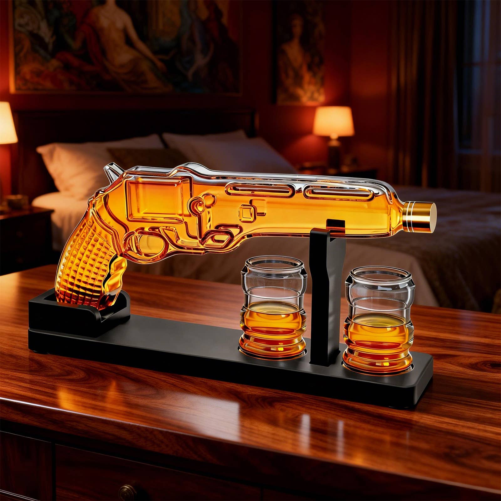 The Wine Savant /  Khen Glassware - Wholesale Decanter - Pistol Gun Decanter Set + 2 Bullet shot Glasses & Wood Stand3