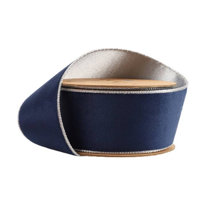 Ruban en velours classique réversible avec fil de 2 1/2" | Bleu marine/Argent | Rouleau de 10 yards pour la vente par LA Ribbons Wholesale