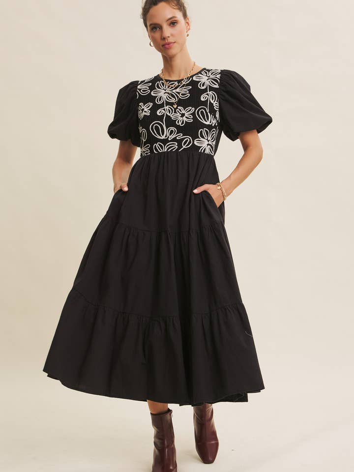 WARM FALL AFTERNOON EMBROIDERED PUFF SLEEVE MIDI DRESS for wholesale by in february
