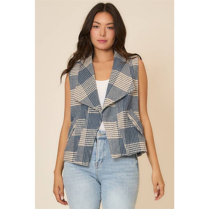 Plaid Open Front Sleeveless Jacket for wholesale by Cozy Casual, Inc.