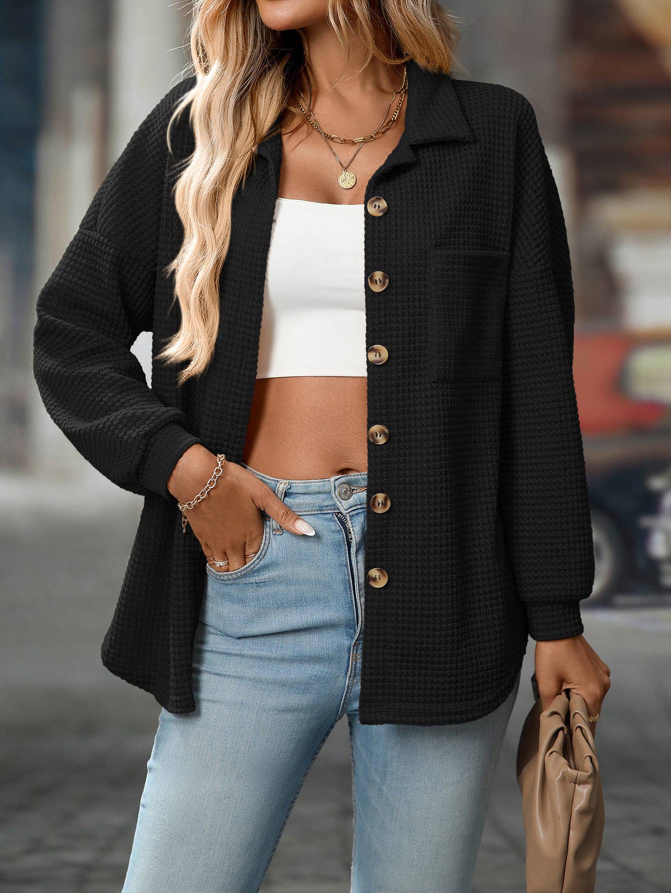 FULL TIME PURCHASE - Wholesale Button Down Shirt - Women's - Waffle Knit Button-Up Casual Loose Shirt1