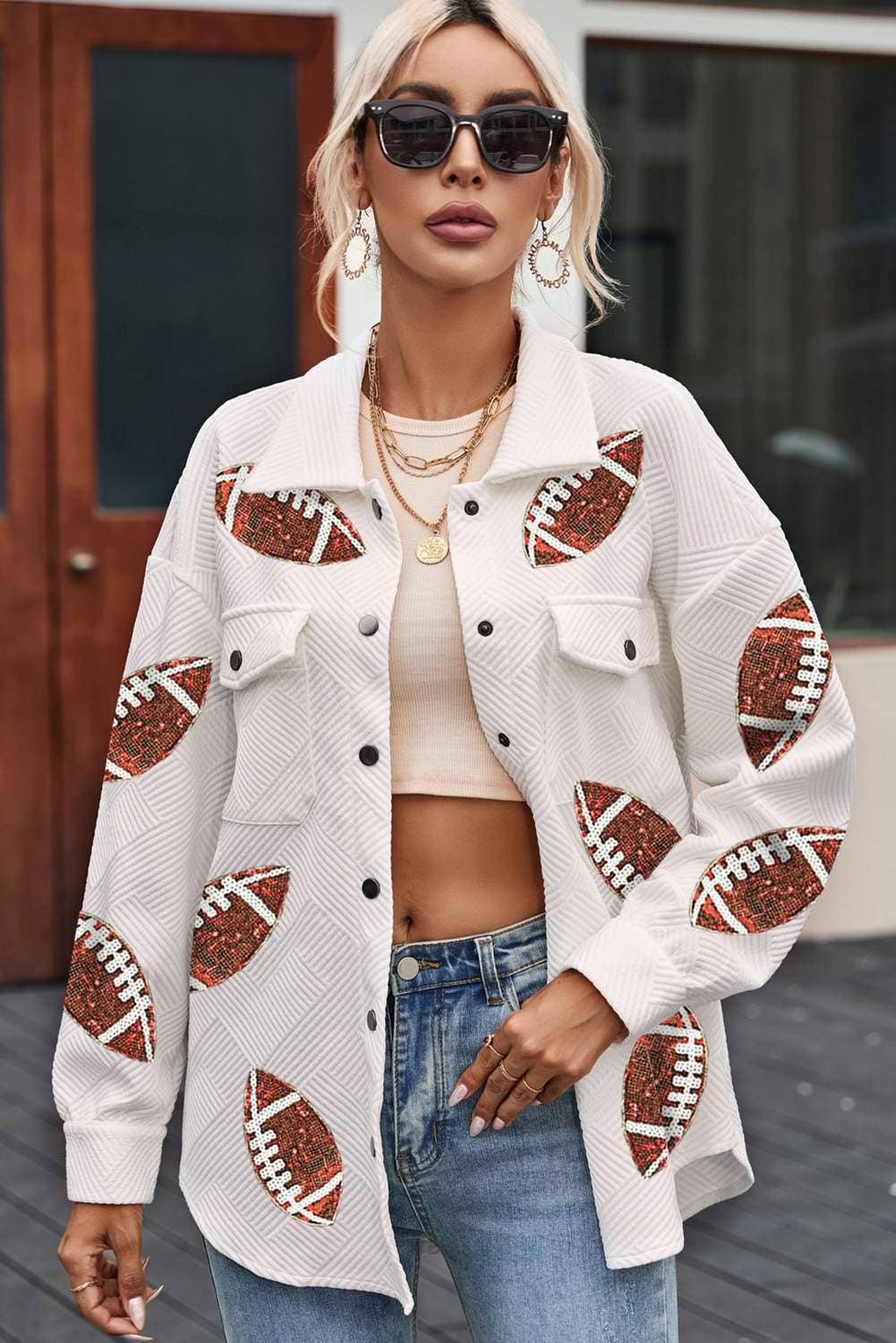 WHITE football jacket with embroidery details for wholesale on Faire3