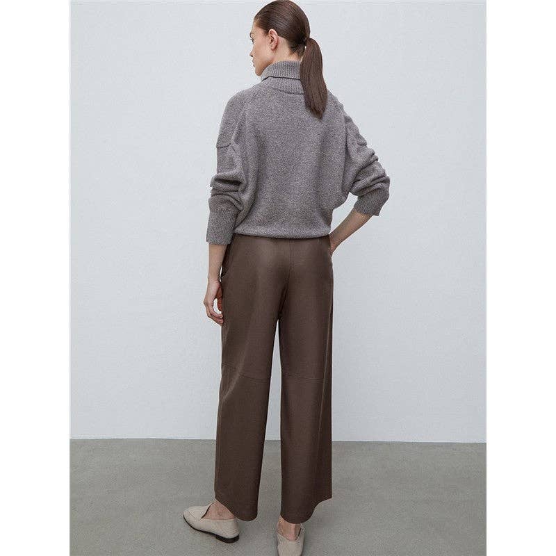 Brown High Waisted Solid Color Straight Leg Faux Leather Pants for wholesale on Faire5