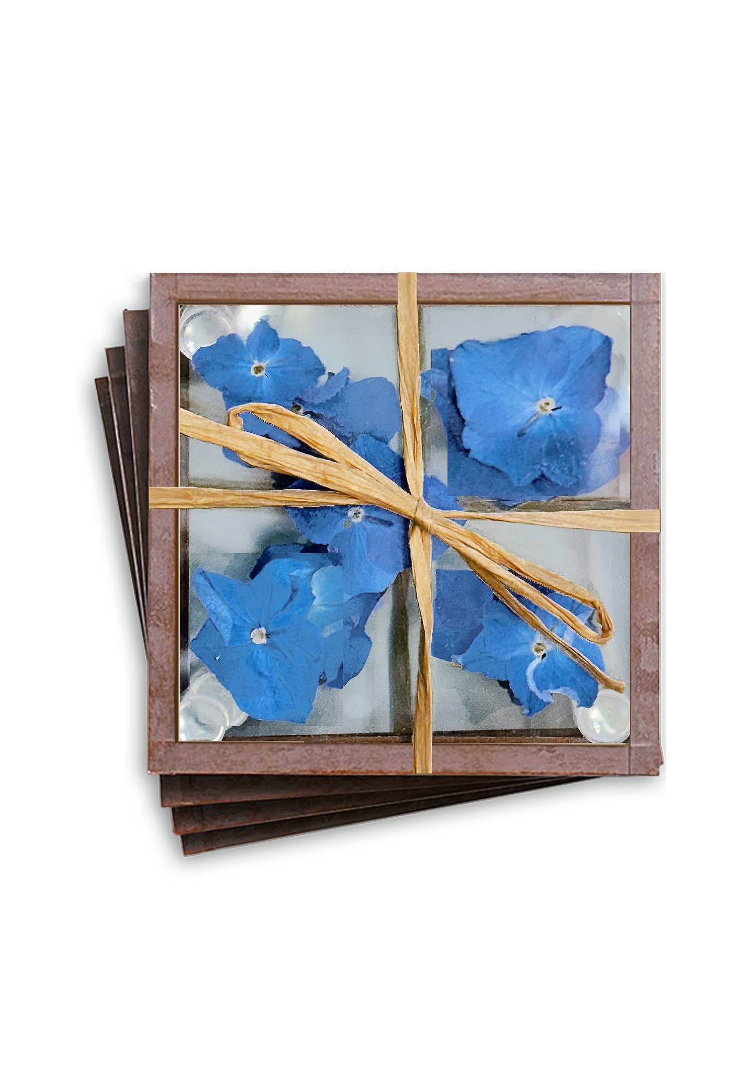 Ben's Garden - Wholesale Coasters - Pressed Flower Hydrangea Copper & Glass Coasters, Set/ 4