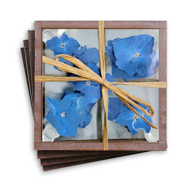 Ben's Garden - Wholesale Coasters - Pressed Flower Hydrangea Copper & Glass Coasters, Set/ 40