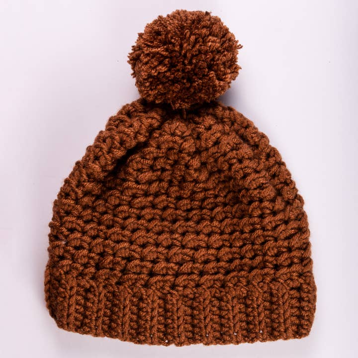 Brown Chunky Textured Pom Beanie for wholesale by Double Bug Stitchery